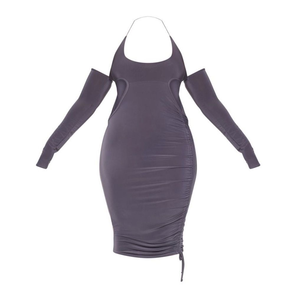 NWT Pretty Little Thing Silver Slinky Ruched Cut Out Midi Dress Size 22 - Picture 2 of 11